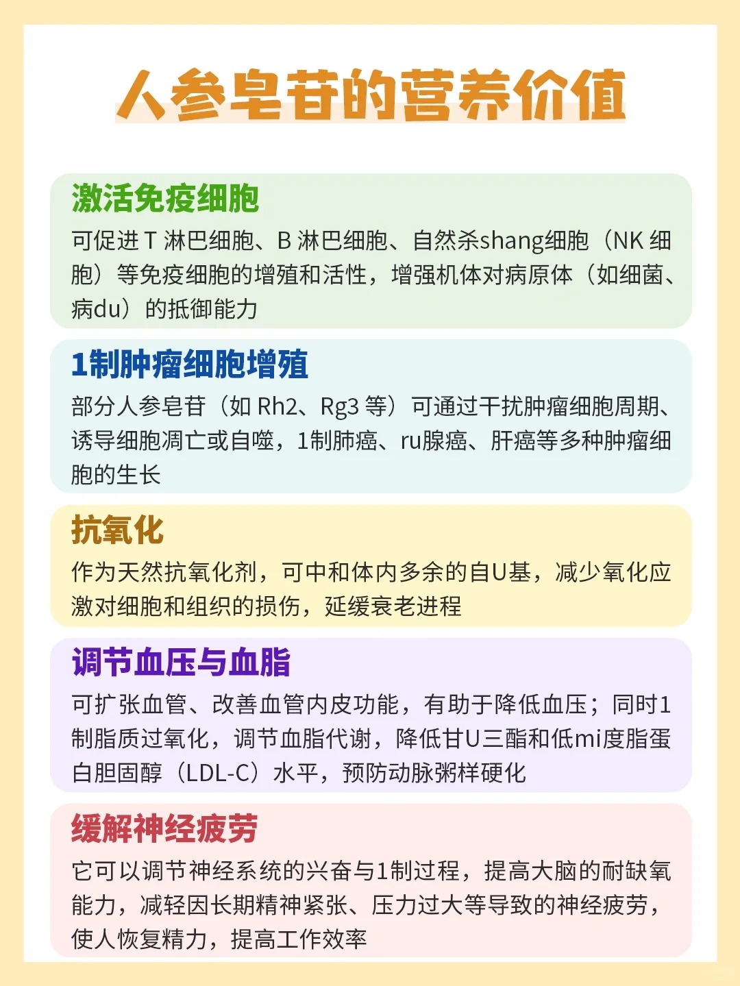【人参皂苷 】人参的核心活性成分。🌟 四大科学验证价值：  。🛡免疫增强 | 🦠 抗肿瘤潜力  。⚡ 抗氧抗衰 | ❤️三高调节  。人参皂苷——自然馈赠的"全能守护因子"，从内到外焕发健康生命力！